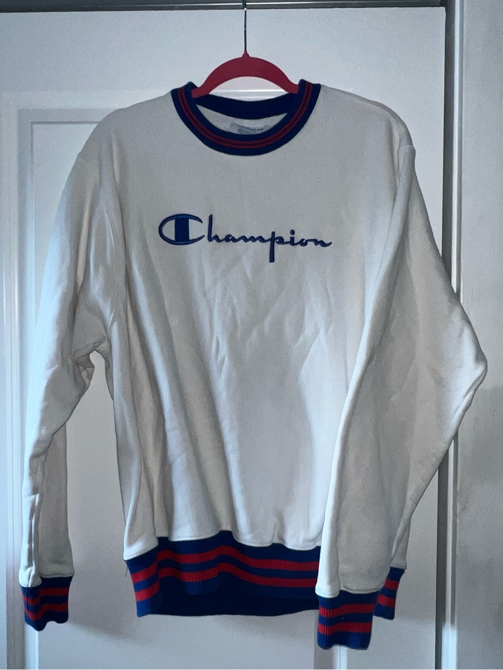 Champion White Crewneck with Blue & Red Trim